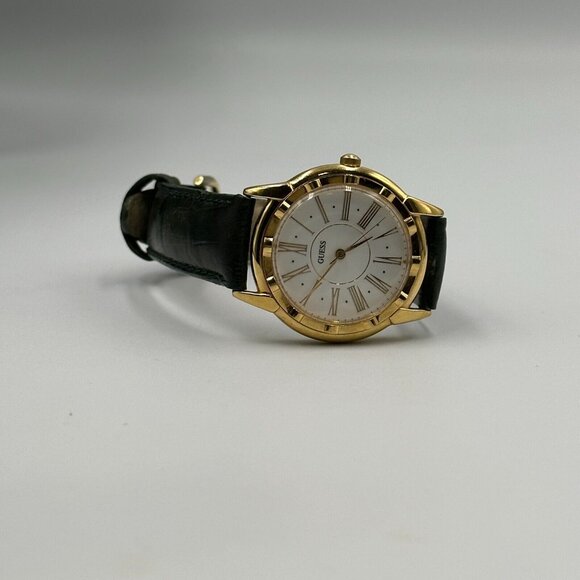 Vintage Guess Watch Women Gold Tone Dark Green Leather Band New Battery 9" - Picture 7 of 13